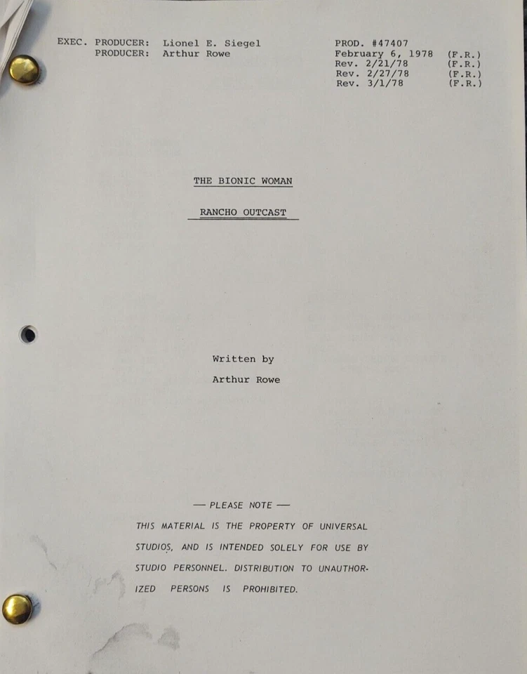 Classic Script The Bionic Woman Rancho Outcast Richard Anderson Notes copy - Image 1 of 1