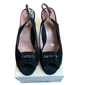 Taryn Rose Slingback Women’s 10 Black Leather Suede Bow Detail Peep Heels Toe  - Picture 1 of 10