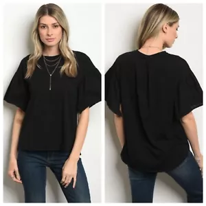 Black Eyelet Ruffle Short Sleeve Tee, Cotton blend, Medium - Picture 1 of 9