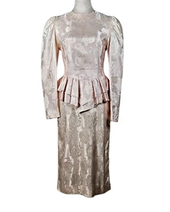 Vintage Victorian Brocade Dress Size S Puff Shoulder Long Sleeve Pink - Picture 1 of 18