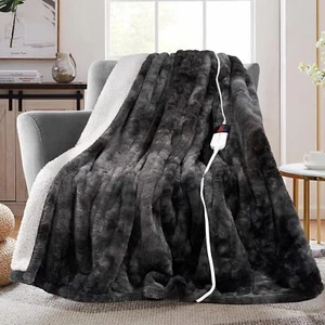 Electric Heated Throw Faux Rabbit Fur Blanket with 6 Heating Levels Warm Cozy - Picture 1 of 10