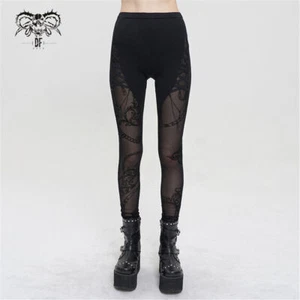 Devil Fashion Women's Gothic Skinny Leggings Lace Splice Hight Waist Daily Pants - Picture 1 of 18