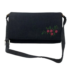 Vintage Y2K bestickt Blumen Schulter Handtasche blau grau Stoff verstellbarer Riemen - Bild 1 von 5