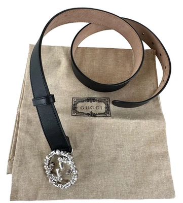 Cinturón Gucci Mujer Cuero Negro Tono Plateado GG Cristal 80 cm 362 en Auténtico Bolso Foto 1 de 4
