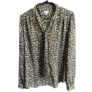 J Crew Leopard Print Blouse With Bow Tie Womens L Mobwife Officesiren Classic - Picture 1 of 8
