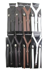 Boys Faux Leather Thin / Thick Suspenders Wedding Boy Black Dark Brown White - Picture 1 of 14