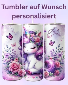 Tumbler Einhorn mit Blumen und Schmetterlingen – personalisierbarer Thermobecher - Bild 1 von 3