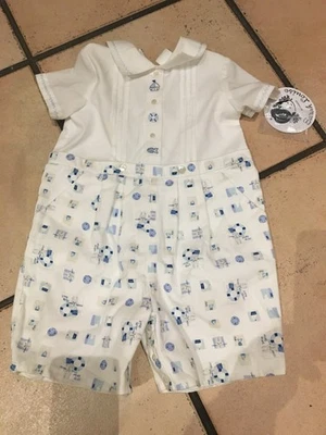 SARAH LOUISE: SIMPATICO TUTINA PAGLIACCETTO STILE SPAGNOLO LOOK NAUTICO CREMA/BLU NUOVO CON ETICHETTE 18mths - Immagine 1 di 4