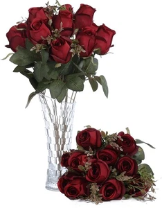 FlueHouzz Artificial Roses Flowers Fake Silk Rose Pack of 2, Z-burgundy - Picture 1 of 7