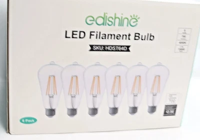 (6-Pk) Edishine Edison LED Light Bulb Dimmable 4000K Cool White ST64 60W Eqv - Image 1 of 4