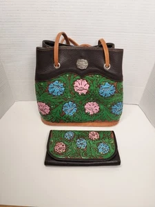 Montana Silversmiths Leather Hand Tooled Purse And Wallet Pink Green Rhinestones - Picture 1 of 21