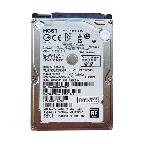 HGST HTS541075A9E680 750GB 5400RPM SATA 2.5" Laptop HDD Hard Drive - Image 1 of 4