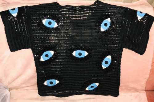 Top Alexander McQUEEN sequenza occhi blu maglia nera taglia s