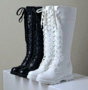Damen-Schnürstiefel niedriger Absatz kniehoch rund geschnitten Reiten Kampfschuhe Biker-Stiefel 4-11 - Bild 1 von 13