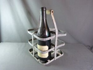 ⭐Bottle holder French Vintage Metal Wine Carrier 4 Bottles Wood Handle⭐