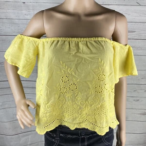 Flying Tomato Off Shoulder Cropped Top Small Lemon Yellow Eyelet Ruffle Bohemian - Picture 1 of 12