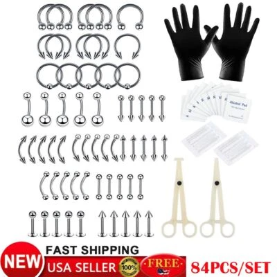 84Pcs Professional Body Piercing Tool Kit Ear Lip Tongue Nose Navel Nipple Rings - Image 1 of 4