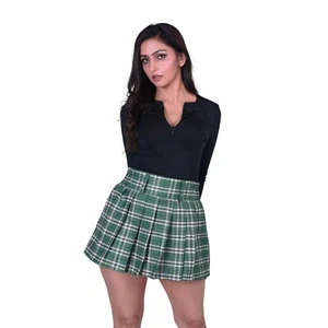Trendy Green Tartan Plaid Pleated Mini Skirt Classic Schoolgirl & Preppy Style - Picture 1 of 12