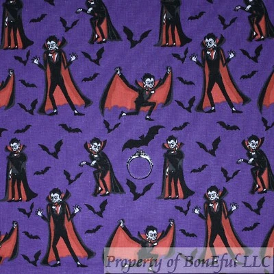 BonEFul FQ Cotton Quilt Purple Black Bat Dracula Blood Red Halloween Scenic SALE - Image 1 of 4
