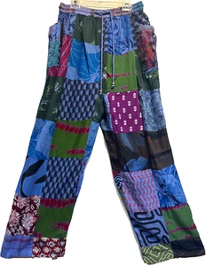 FUNKY STUFF patch boho hippie rayon pocket long elastic waist PANTS L Free shipp - Picture 1 of 5