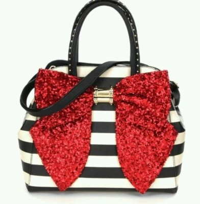 Bolso de Mano Betsey Johnson "Oh Bow" Lentejuelas Rojas, Rayas Blanco y Negro. Muy raro Foto 1 de 3