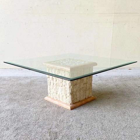 Postmodern Tessellated Pink and Mactan Stone Glass Top Coffee Table Cover