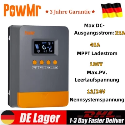 PowMr MPPT 45A Solarladeregler 100% Solar Controller 12V/24V Auto PV 100VDC 500W