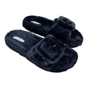 Bamboo Women's Black Faux-Fur DEFEAT Fuzzy Buckle Slides Size 7 NIB S13 - Picture 1 of 7