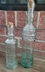 Pair Of Green Tinted Designed Corked Bottles From Spain 13" & 9" - Picture 1 of 3