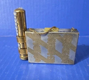 Cartera de maquillaje tocador estuche compacto lápiz labial cigarrillo tono dorado Art Deco vintage - Imagen 1 de 8