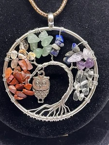necklace wire wrapped tree natural stones owl silver tone 18" brown cord - Picture 1 of 14