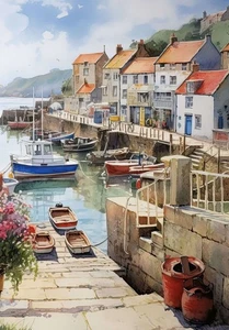 British Harbour Sea Seaside Coastal Boats Flowers Print Wall Art Poster A3 A4 A5 - Picture 1 of 6