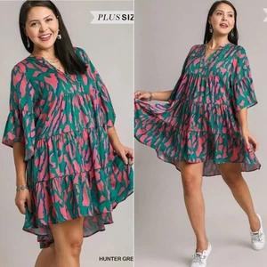 Umgee Teal Pink Animal Print Tiered Flowy Silky Short Sleeve Plus Size Dress 2X - Picture 1 of 6