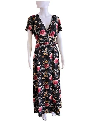 Maxi Vestido Floral Cuello en V Colección NY Talla M (US 6-8) Negro Multicolor Envolvente Nuevo con Etiquetas Foto 1 de 4