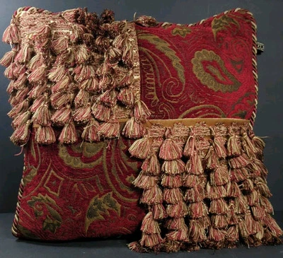 Borlas de almohada Borgata flecos granate negro cachemira bronceado terciopelo glamour 17x17" Foto 1 de 4