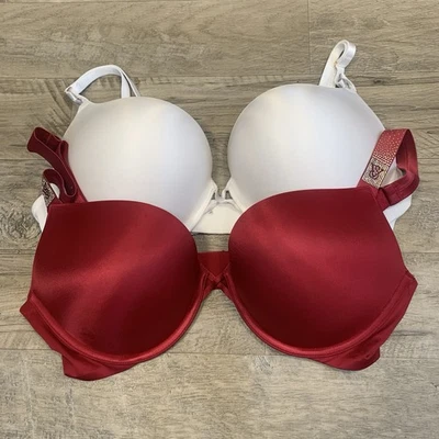 Victoria Secret 2 Satin Bombshell Bras Red White Logo Rhinestone Strap 38 C - Image 1 of 4