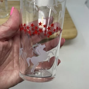 Vintage MCM 4 Libbey Frosted Glasses Red Stars White Galloping Horse Size 4.5” - Picture 1 of 4