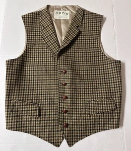 Vintage Orvis Tweed 5-Button Wool Vest Waistcoat~ USA~ Tan Houndstooth~ Lg 42-44 - Picture 1 of 8