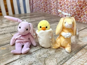 Ty Basket Beanies Lot Of 3 Eggbert Grace Floppity Purple Bunny Easter 2001 - Picture 1 of 9