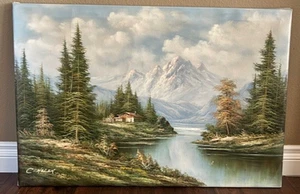 American C. Helen Signed, Vintage Oil Painting, Mountain Landscape Reproduction - Picture 1 of 12