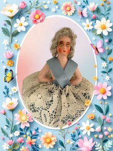 ANTIQUE 1920'S GERMAN BOUDOIR HALF DOLL PIN CUSHION COMPOSITION  Hand Painted - Picture 1 of 10