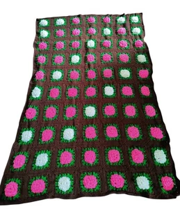1970s Granny Square Afghan Blanket 3D Rose Design Patchwork 66x43" Brown Pink - Picture 1 of 6
