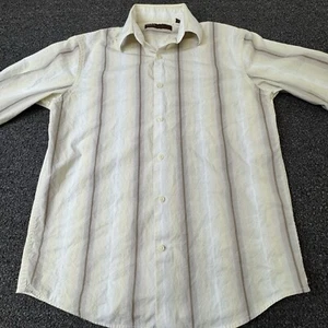 Perry Ellis Shirt Mens Small Tan Striped Dress Shirt Button up Brown Collared - Picture 1 of 12