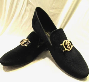 Harpelunde Men's Black Velvet Loafer Slip On Dress Shoe w Gold Snake Size 12 M - Picture 1 of 7
