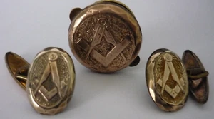 Antikes vergoldetes Freimaurer Paar Manschettenknöpfe & Junggesellen Ohrstecker Knopf um 1900 - Bild 1 von 11