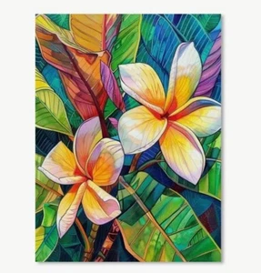 Art Canvas Vibrant Plumeria Flowers Print of Painting 12" x 16". Unframed - Picture 1 of 2