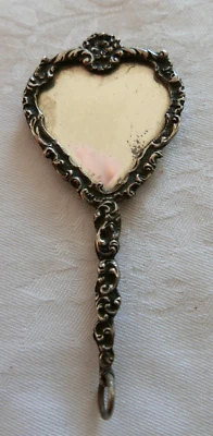 ancien petit face à main miroir de poupée argent 1900 22gr scène de jardin 9cm - Photo 1/4