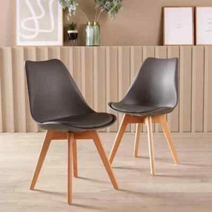 Pair Grey Tulip Dining Chairs Faux Leather Seat Wood Legs Kitchen Set - Picture 1 of 6
