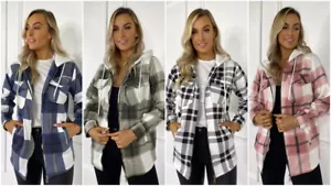 Womens Check Fleece Casual Hooded Jacket Shacket Top Shirt Coat Oversize Baggy - Picture 1 of 25