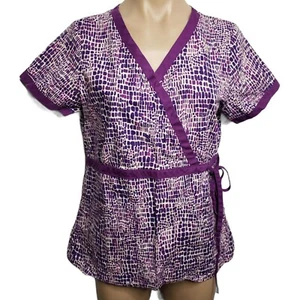 Koi Animal Print Scrub Top Purple White Nursing Medical Vet Dental Medium  - Picture 1 of 8